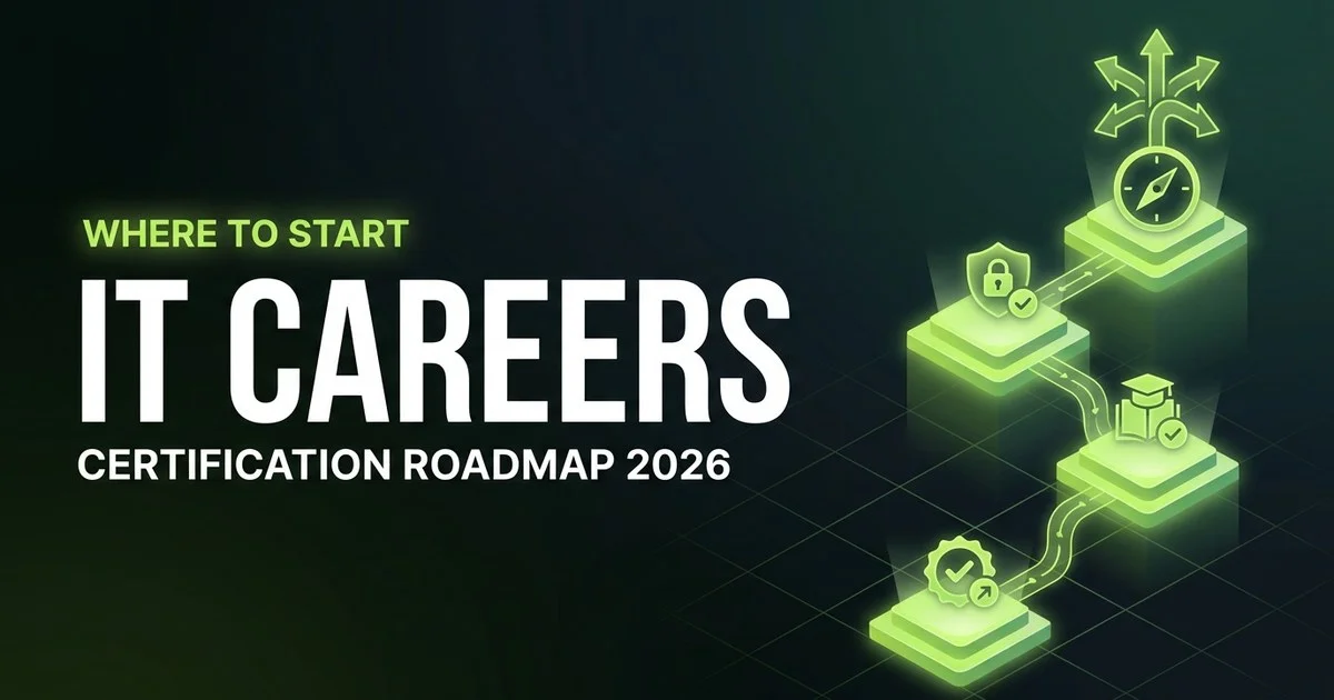 IT certification roadmap 2026 for beginners showing the path from no experience to support, security, cloud, and networking