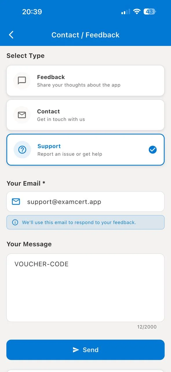 ExamCert Contact/Feedback form showing Support type selected, email field, and voucher code in the message field