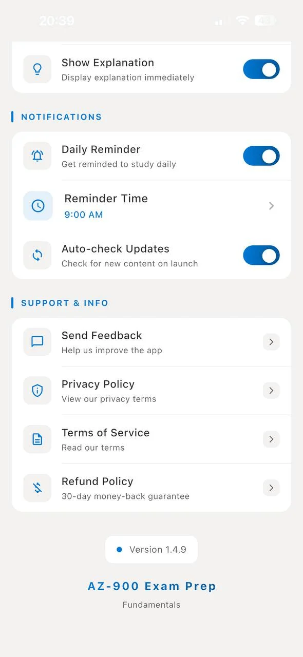 ExamCert Settings page showing the Send Feedback option under Support & Info section