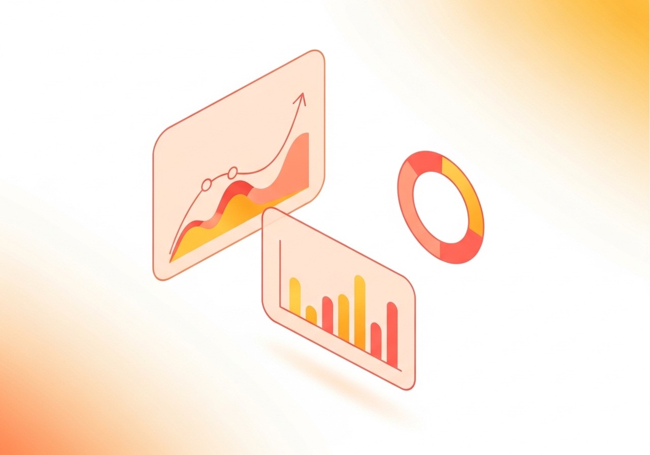Abstract pastel illustration of an AI study dashboard — line chart, bar chart, and circular progress ring in lavender, mint and coral