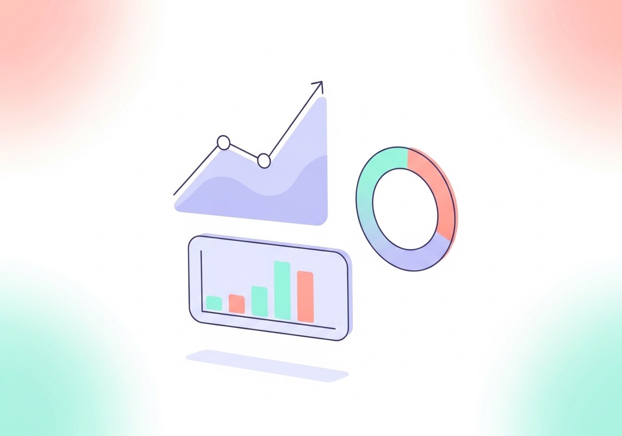 Abstract pastel illustration of an AI study dashboard — line chart, bar chart, and circular progress ring in lavender, mint and coral