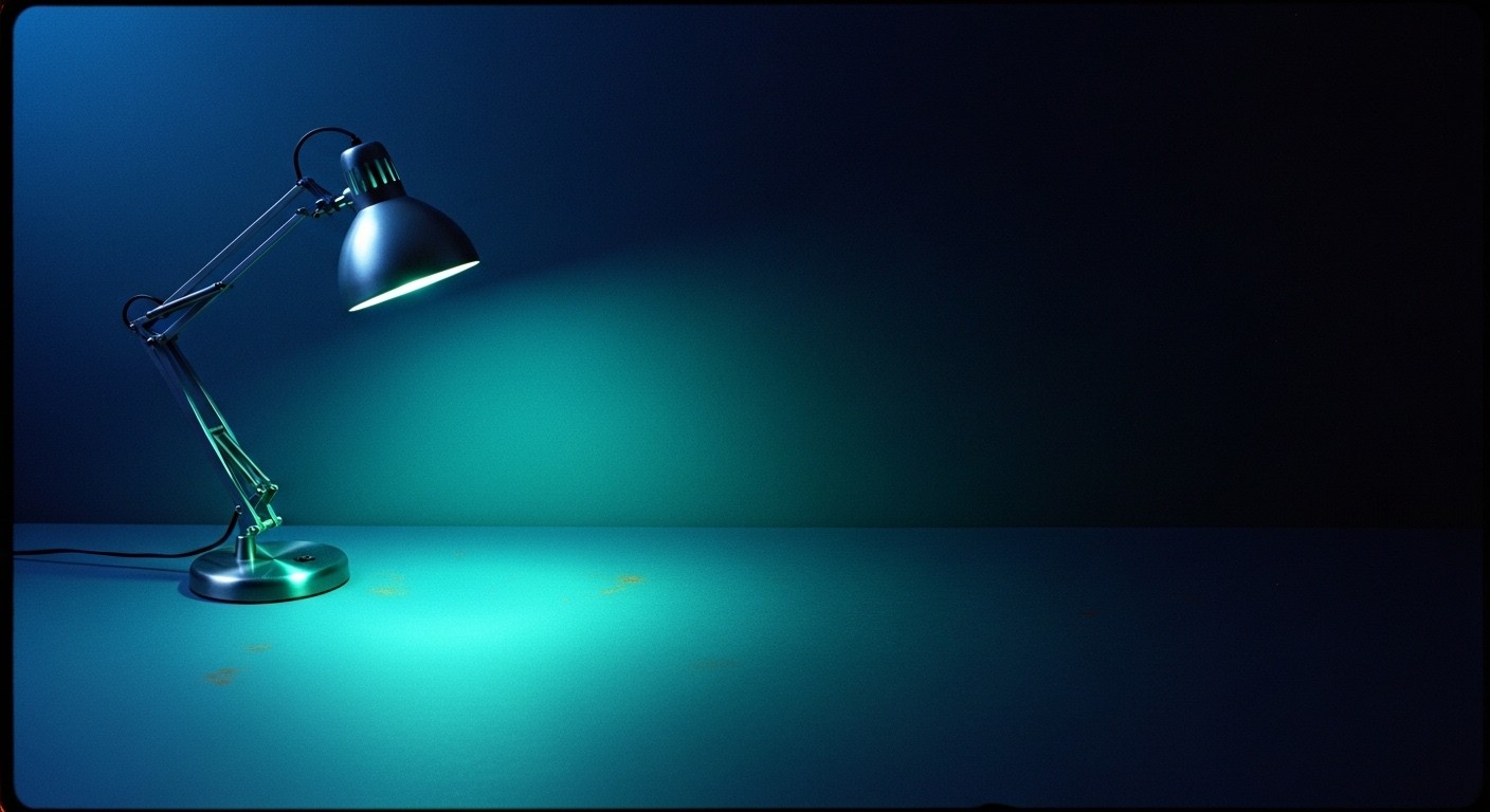 A single lit oil lamp on a vast empty dark walnut desk, flame steady, casting a warm pool of amber light fading into deep shadow — quiet end-of-day frame