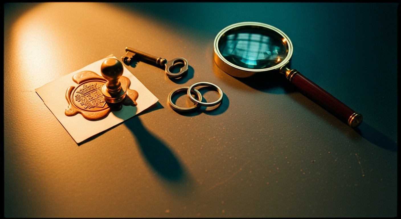 Overhead still-life of a brass identification stamp pressed into wax-sealed cream paper alongside a key, brass keyring rings, and a polished magnifying glass — a metaphor for identity and access management
