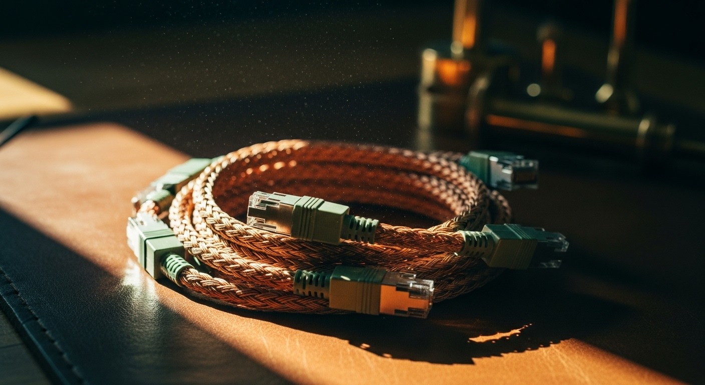 Macro detail of three woven copper network cables coiled on a worn leather mat, sage-green patina on the connectors, lit by warm window light — metaphor for Azure virtual networking
