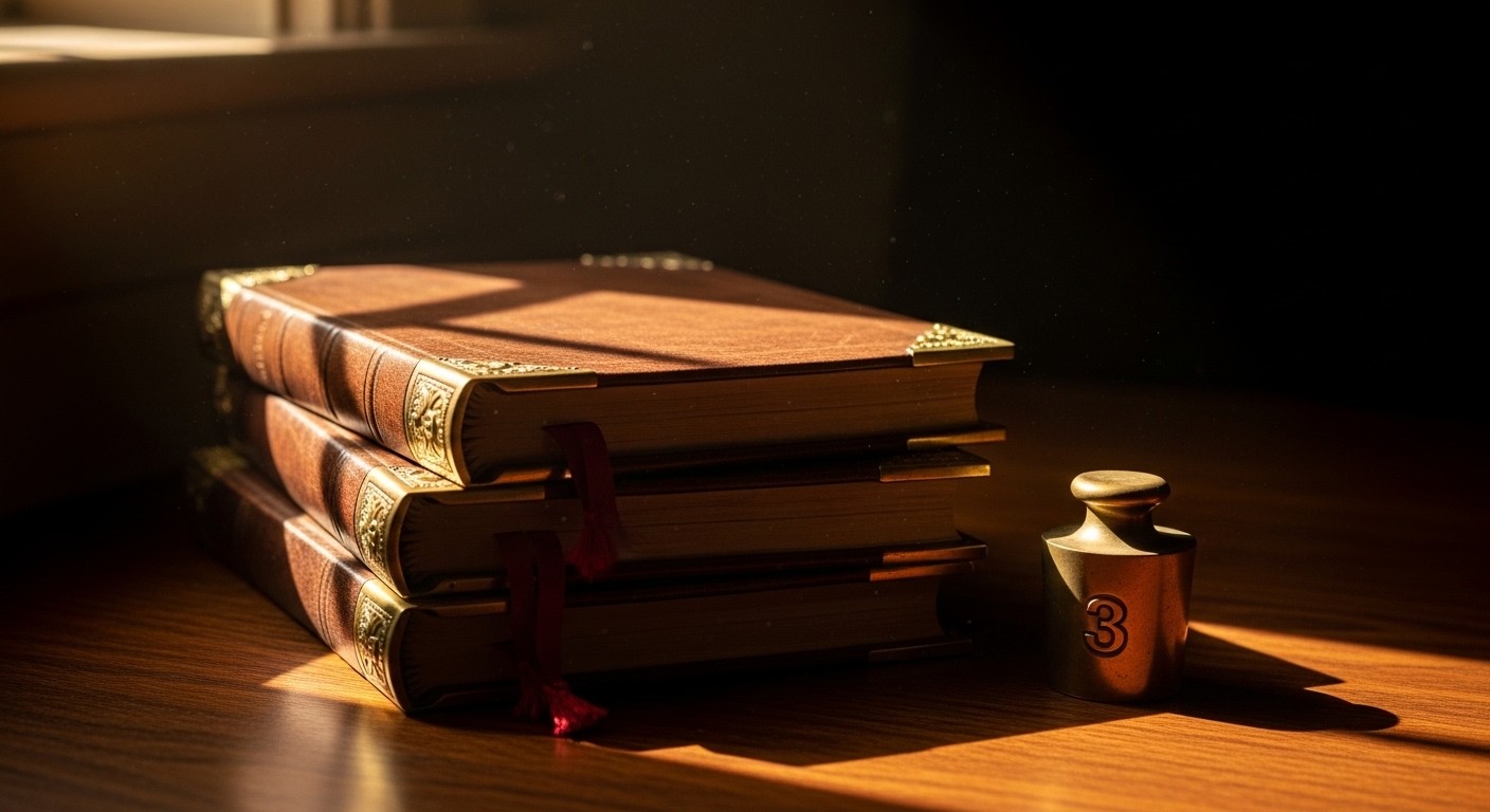 A stack of three vintage leather-bound logbooks on a dark walnut library table with brass-cornered edges and red silk bookmarks, next to a brass scale weight — metaphor for Azure storage tiers and lifecycle