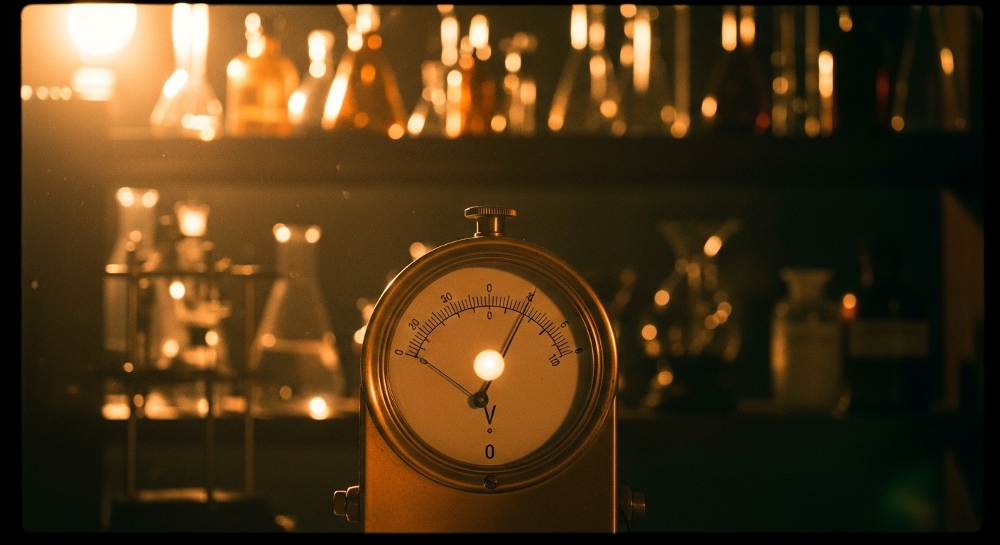 A vintage brass-cased oscilloscope dial with needle pointed steadily at centre, glass face catching warm reflection — metaphor for Azure Monitor and observability