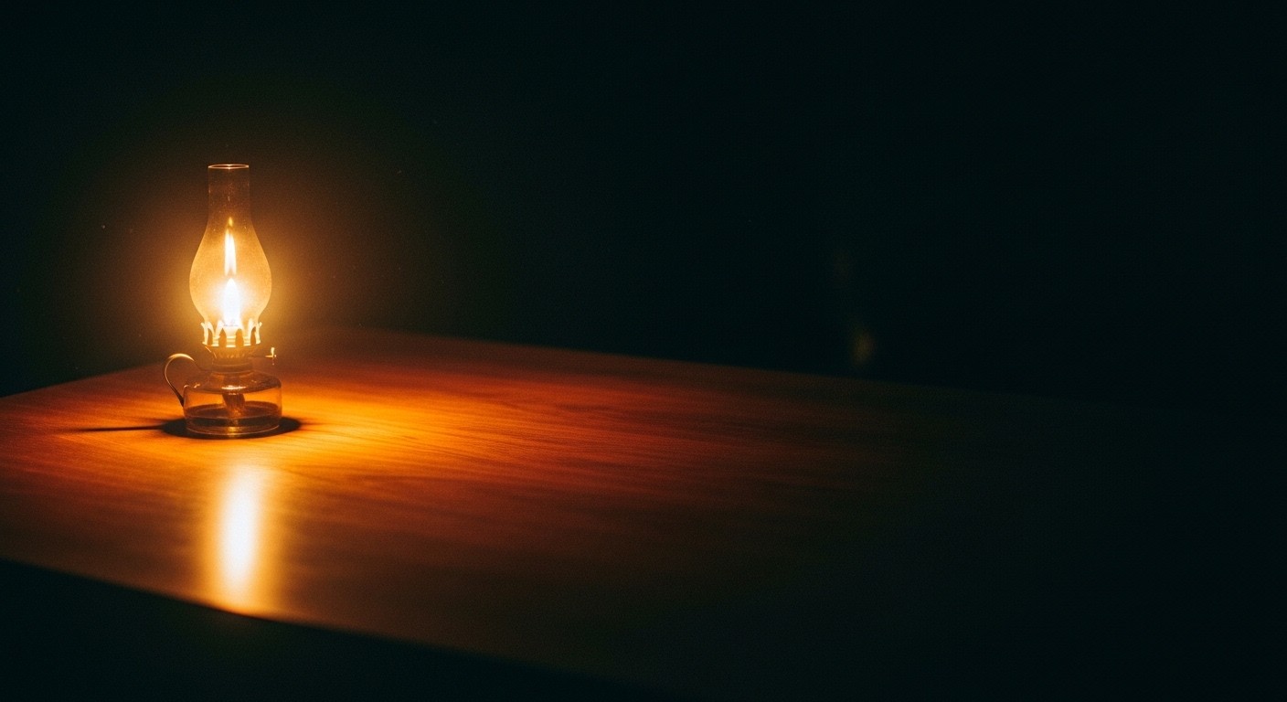 A single lit oil lamp on a vast empty dark walnut desk, flame steady, casting a warm pool of amber light fading into deep shadow — quiet end-of-day frame