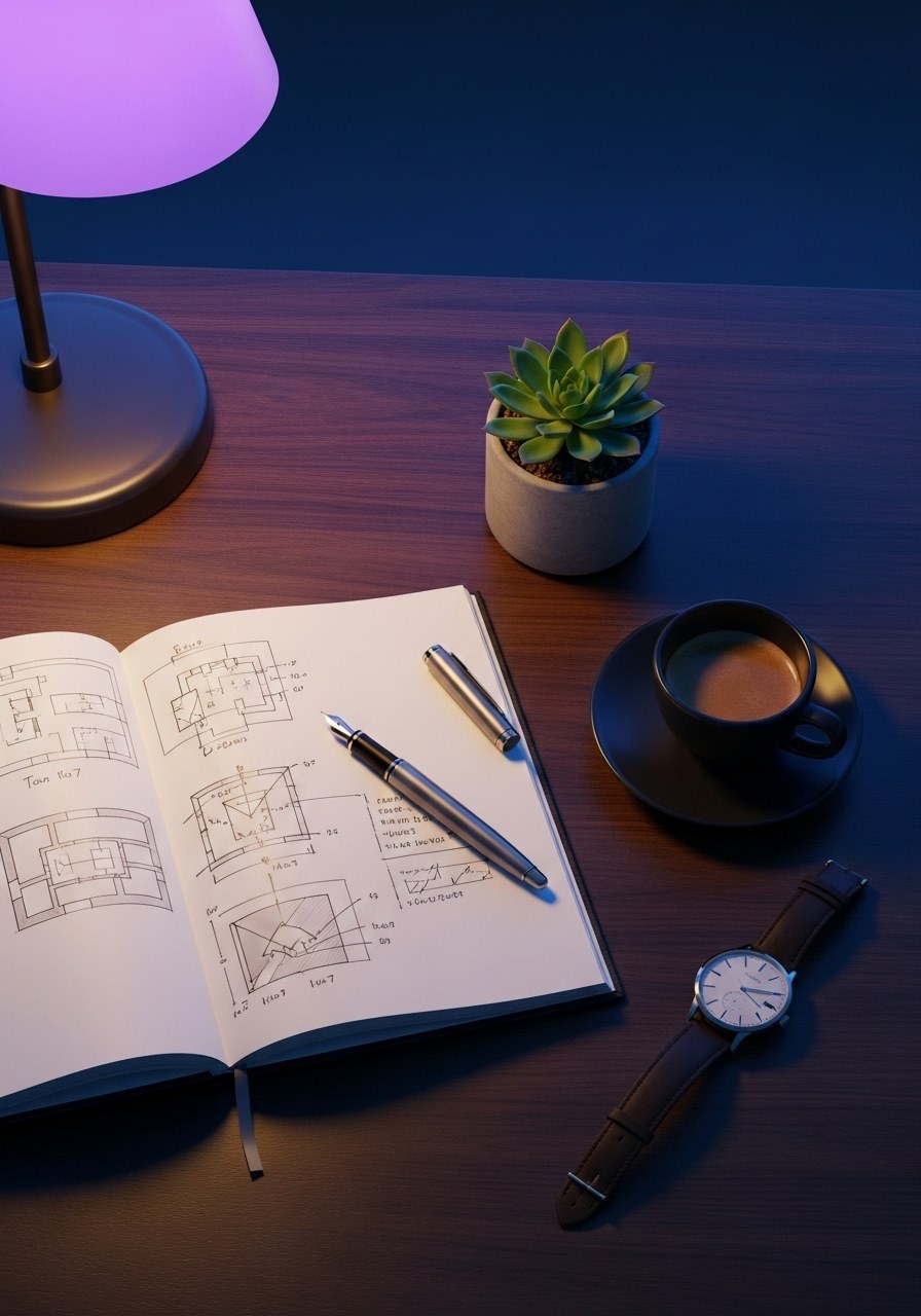 Editorial workspace still life: notebook with architecture diagrams, fountain pen, coffee, succulent, vintage watch, lit by a soft lavender lamp