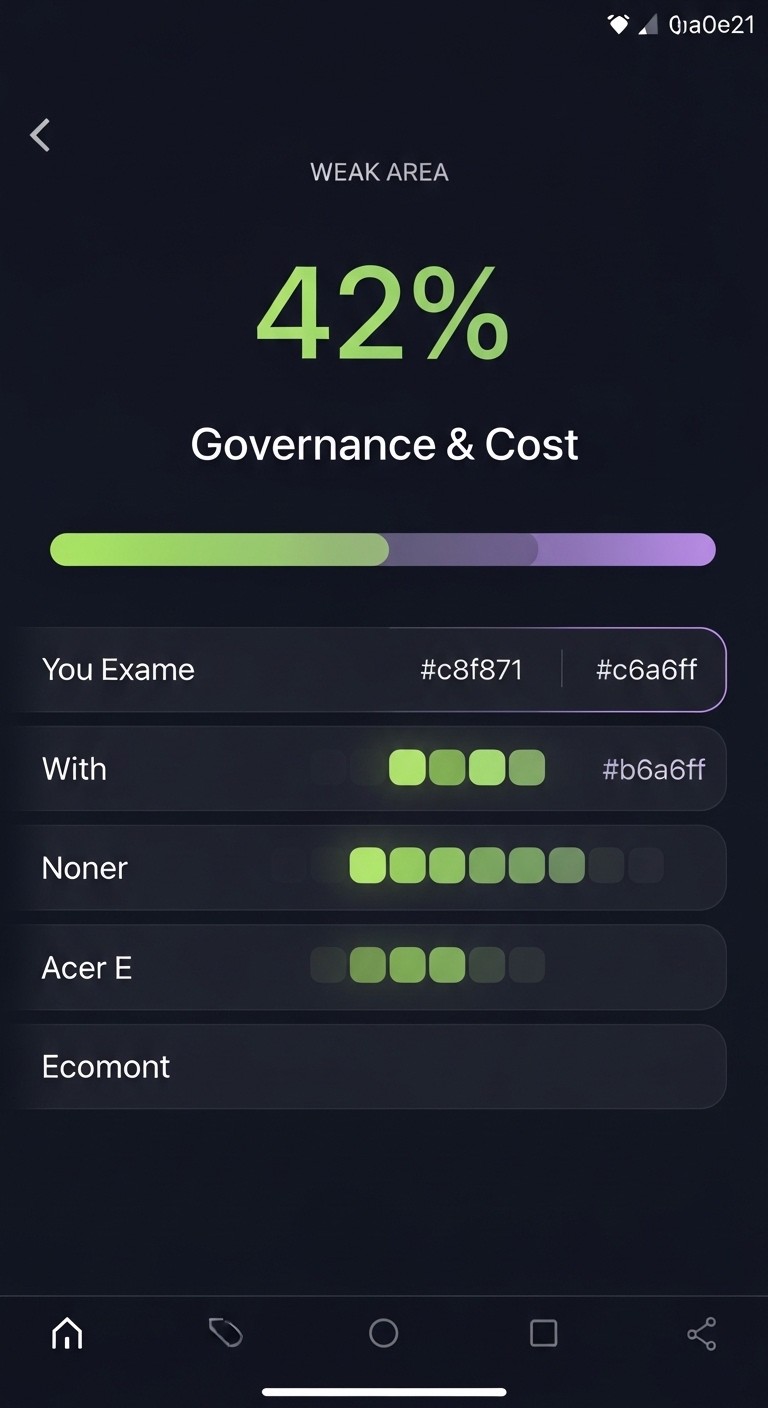 App screen: weak-area heatmap showing 42% on Governance & Cost