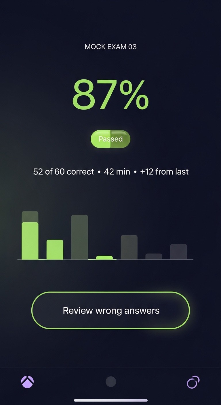 App screen: Mock Exam 03 result 87% with bar chart