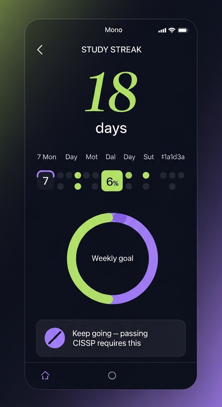 App screen: 18-day study streak with weekly goal ring