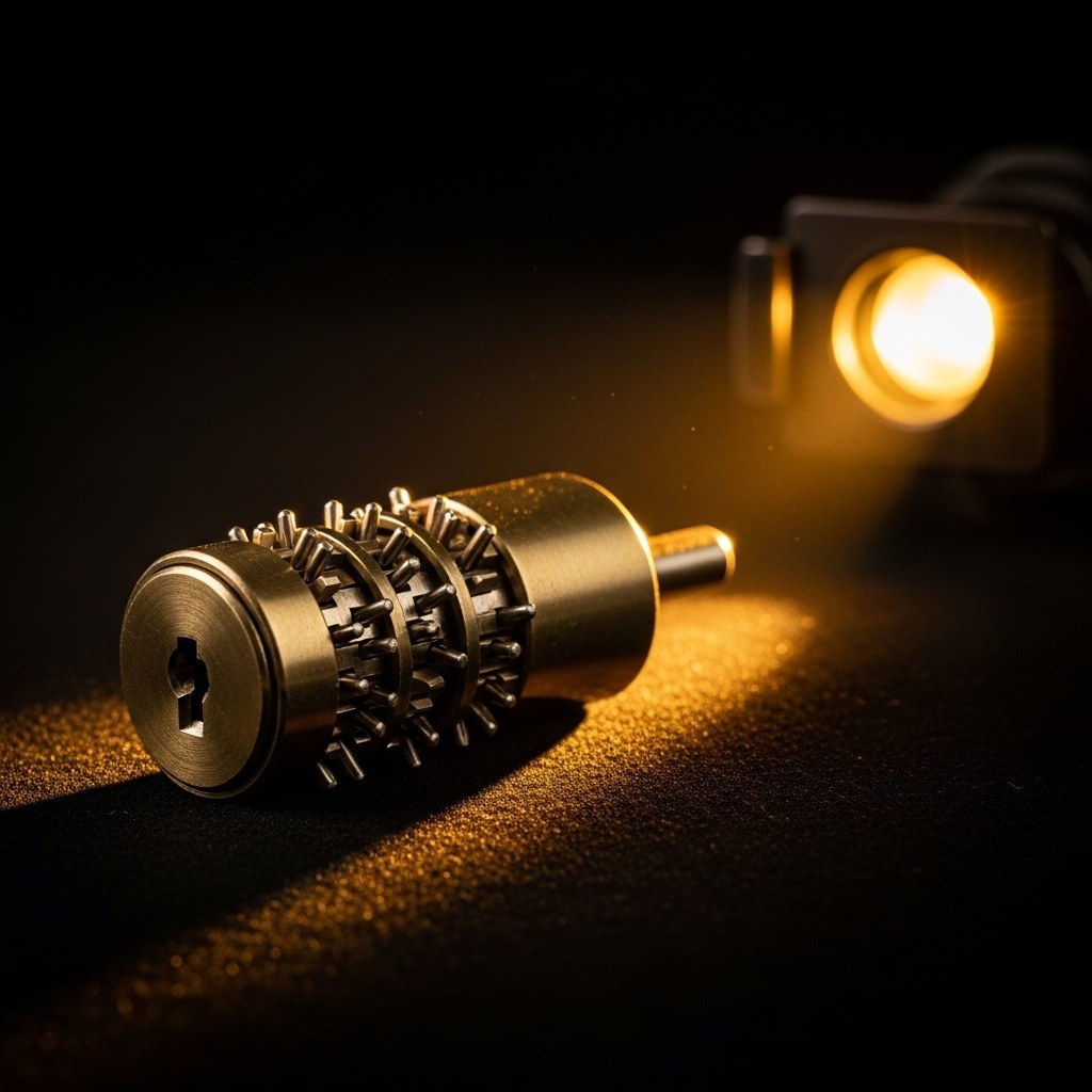 Antique brass lock cylinder photographed in macro under amber spotlight