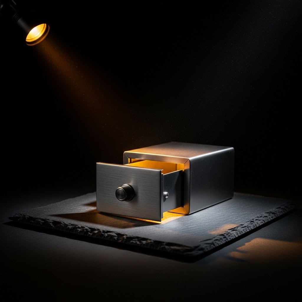 Brushed steel safe drawer ajar with warm light spilling out, lit dramatically