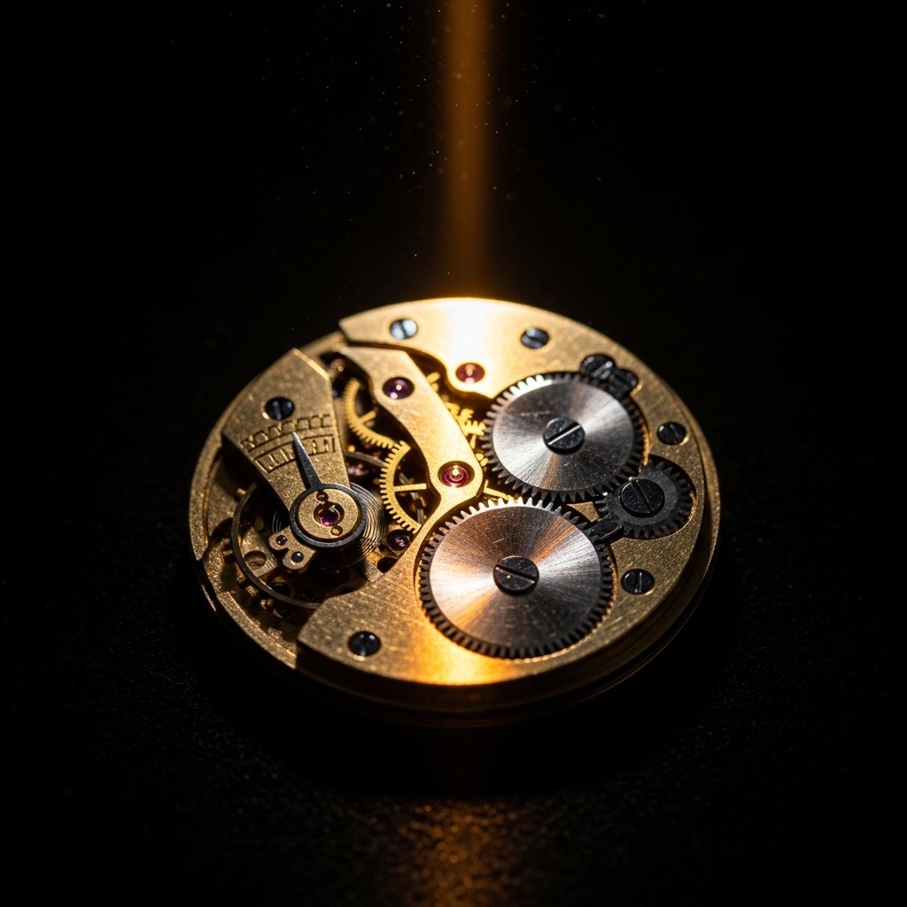 Antique pocket watch movement with exposed gears and jewels, lit by amber spotlight