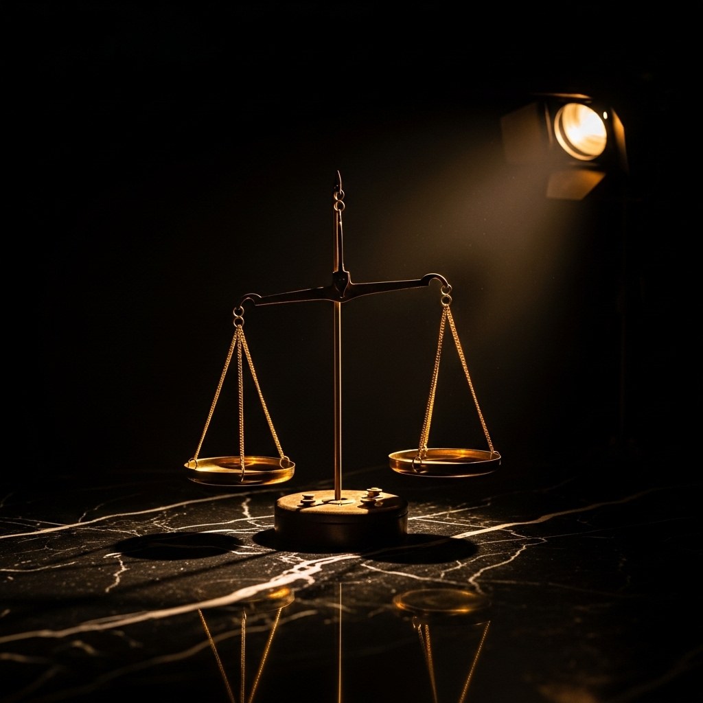 Antique brass merchant's balance scales in equilibrium on black marble