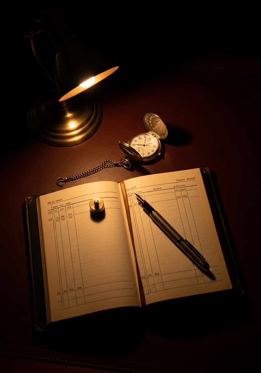 Open ledger book under brass banker's lamp with pocket watch and fountain pen