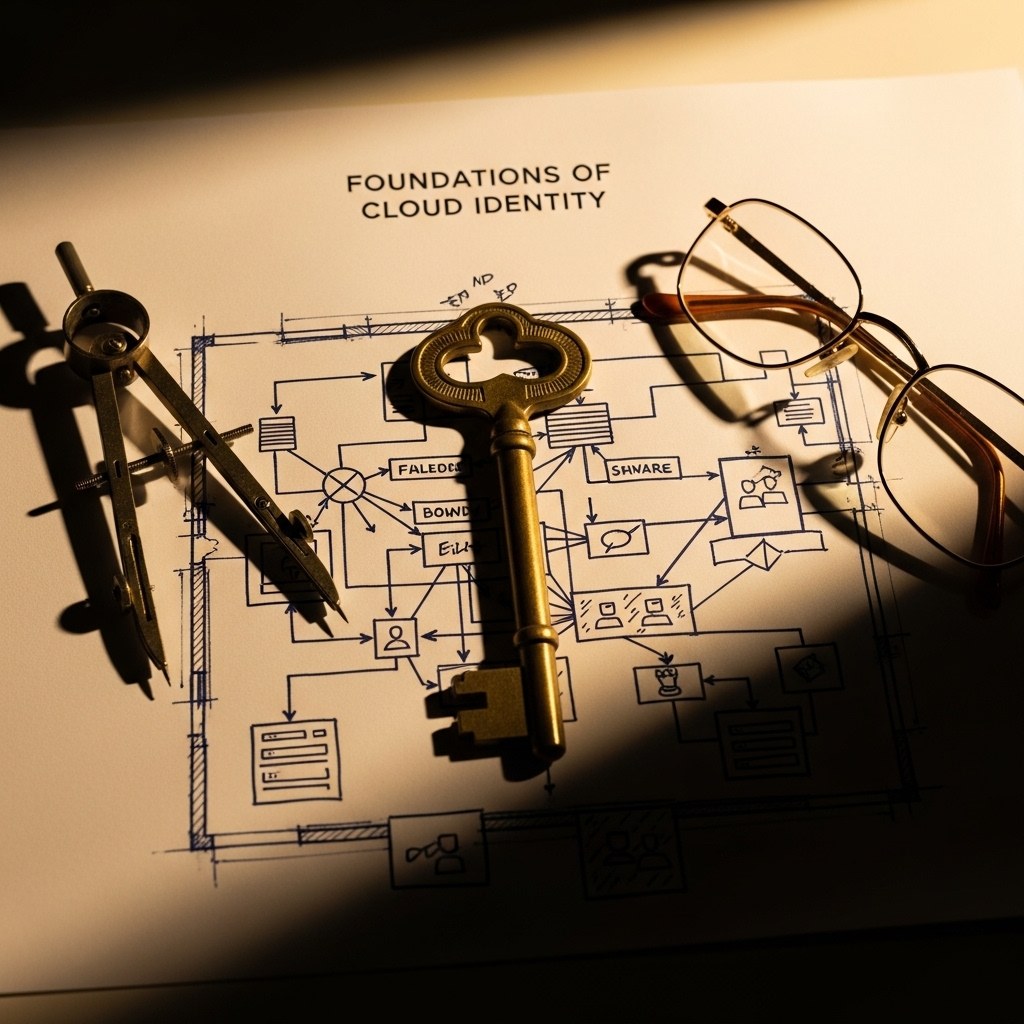 Brass key resting on a hand-drawn cloud-identity blueprint
