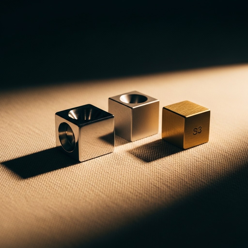 Three machined geometric blocks in a still-life arrangement