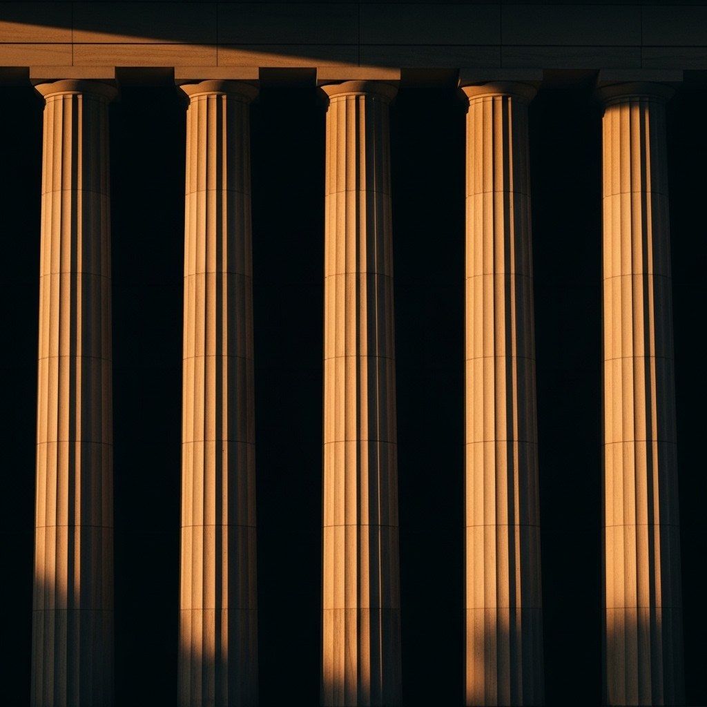 Five classical architectural columns symbolizing the well-architected pillars