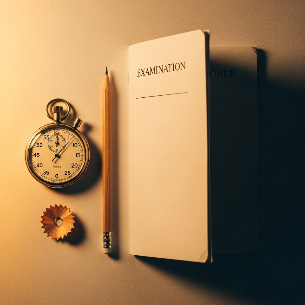 Brass analog stopwatch beside a sharpened pencil and exam booklet